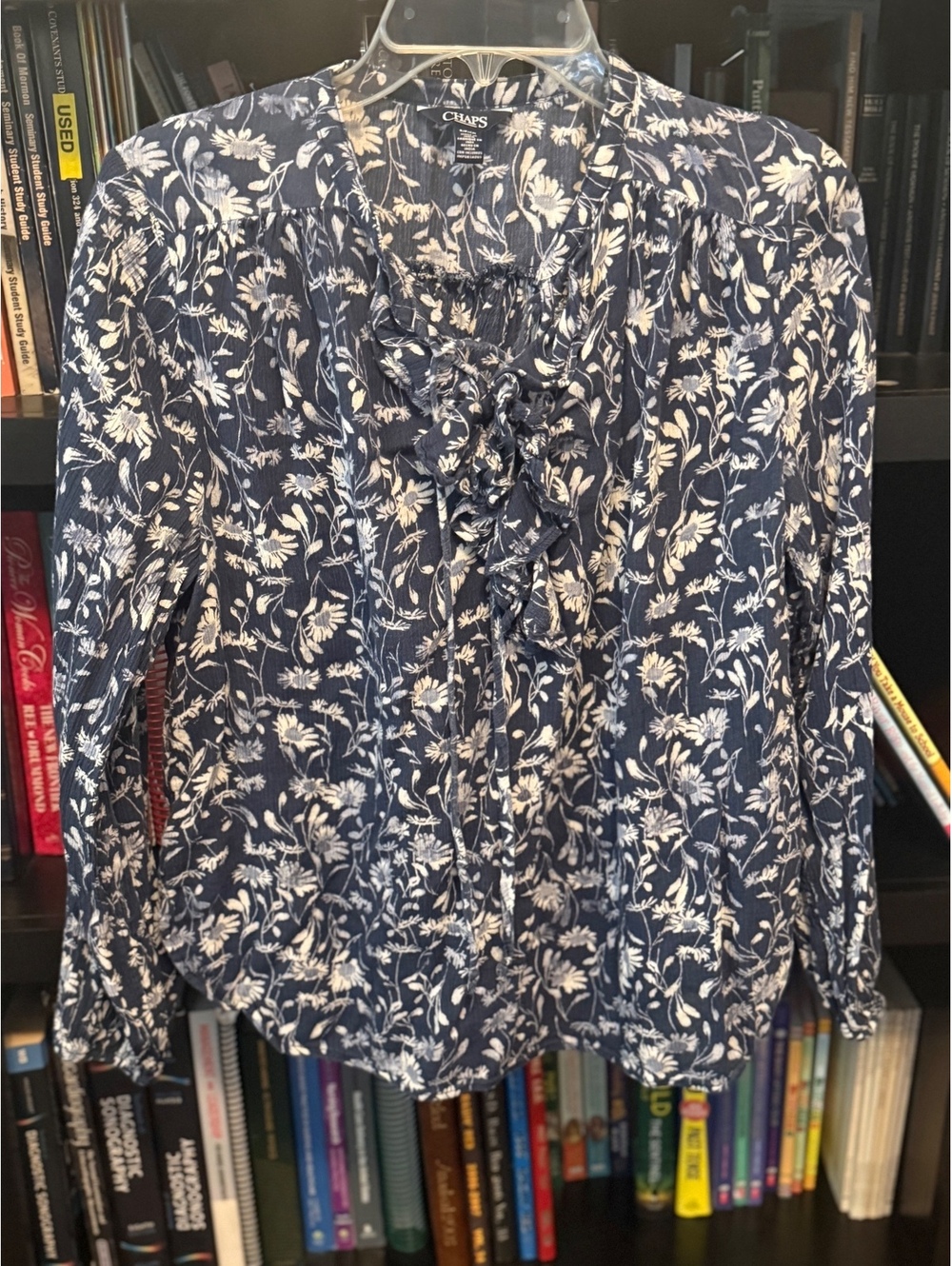 Chaps Women's Small Navy Blue Floral Ruffle Front Long Sleeve Blouse